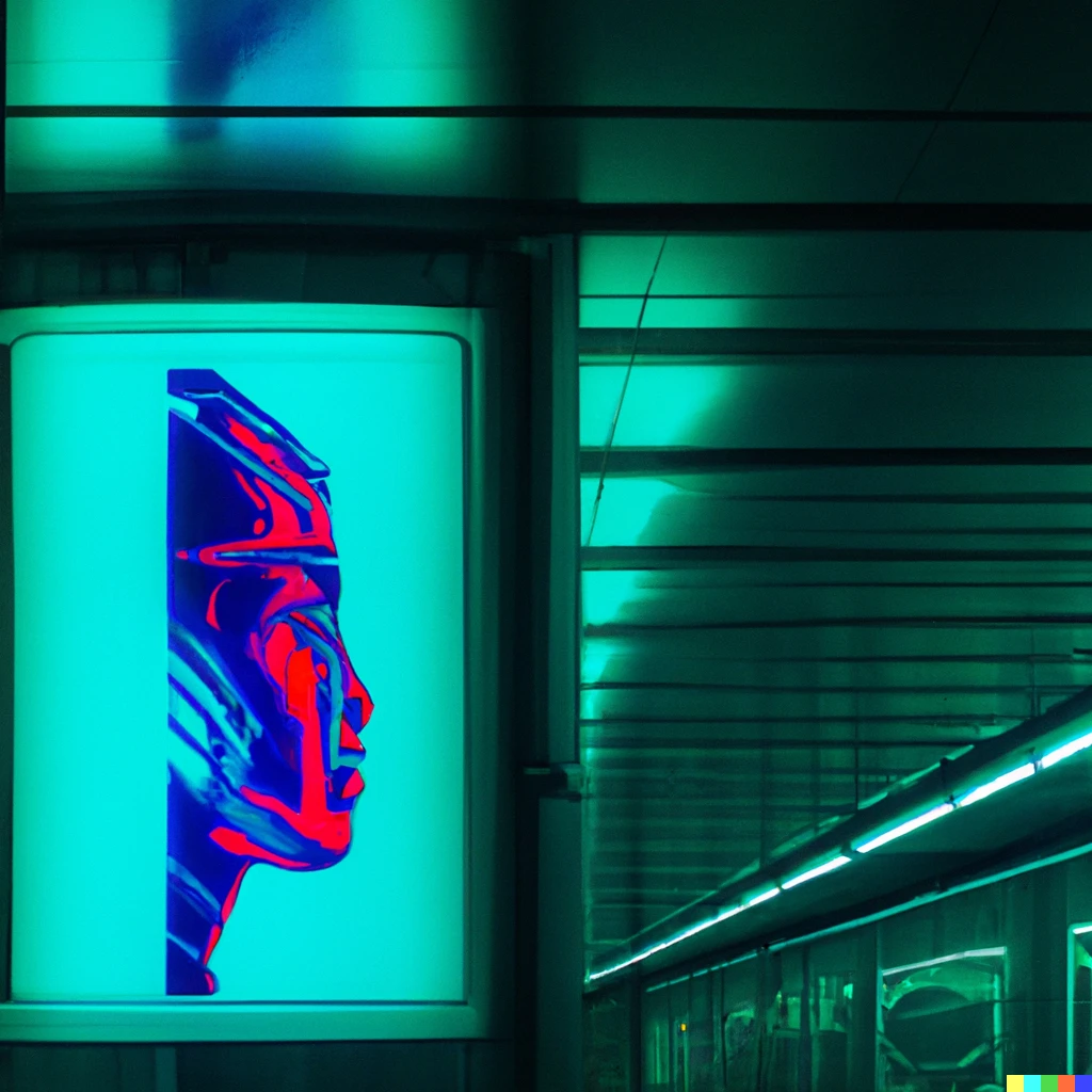 A futuristic cyborg poster hanging in a neon lit subway station